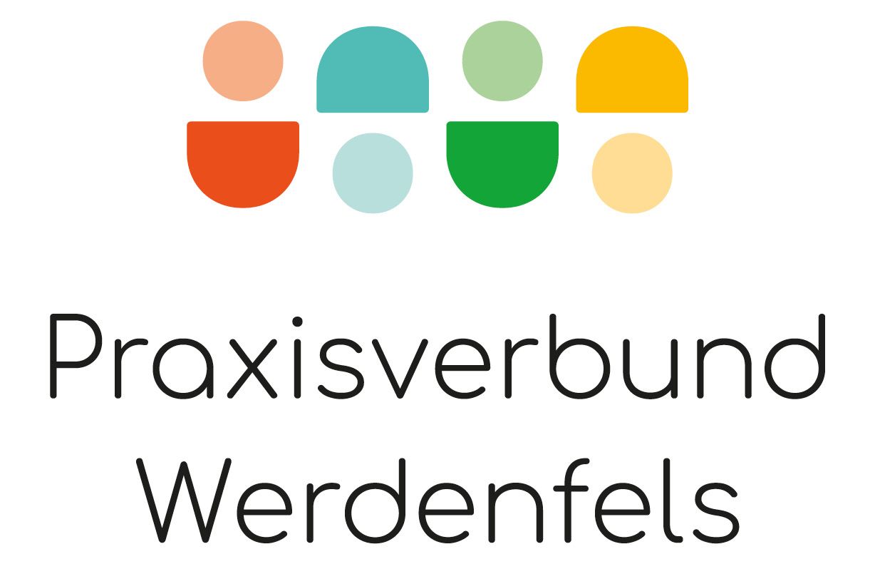 Logo Praxisverbund Werdenfels: farbige, reihenförmige freundliche Figuren symbolisieren regionalen Zusammenschluss von modernen Arztpraxen.